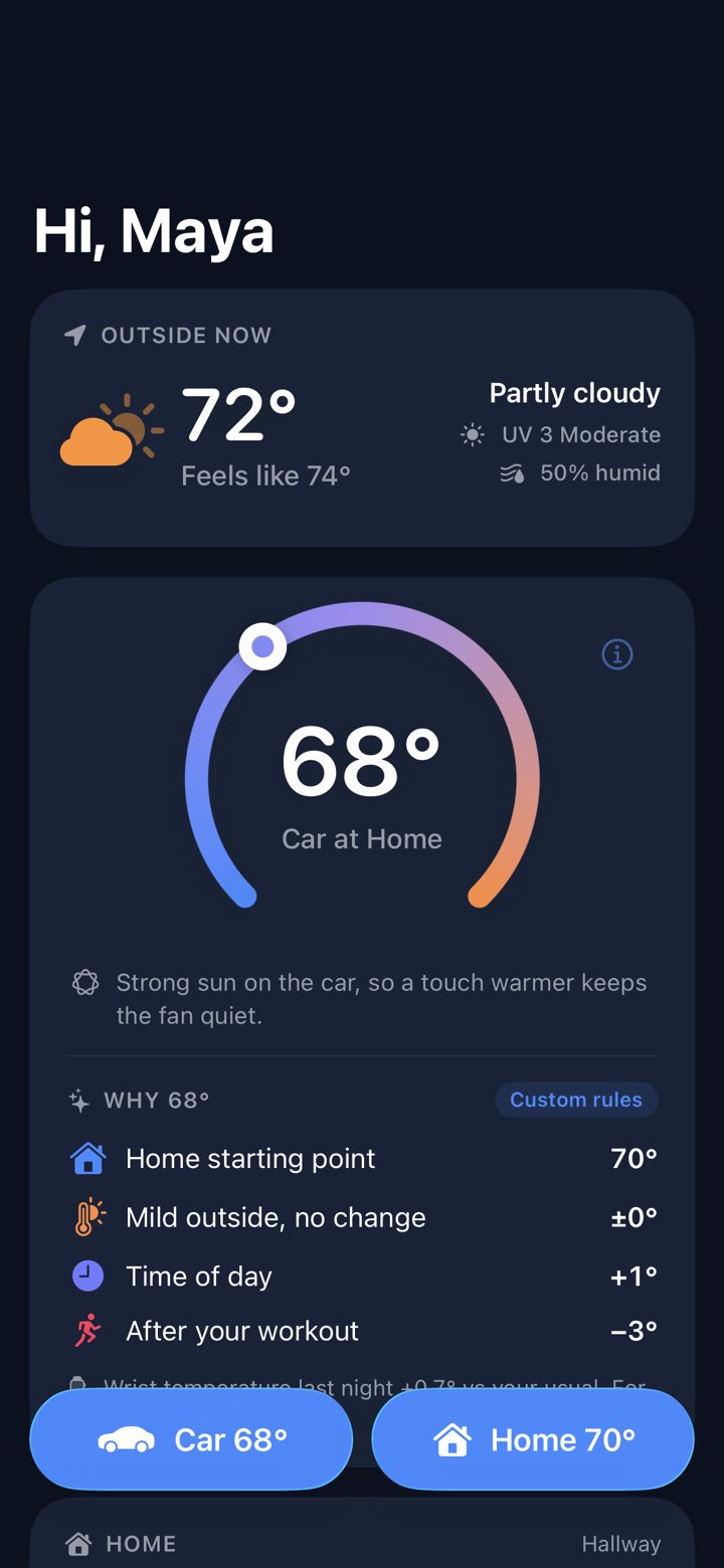Just Right's Today screen: 72°F outside, feels like 74°F. Suggested 68°F for the car, with the reasons: home starting point 70°F, mild outside, time of day plus 1°F, after your workout minus 3°F.